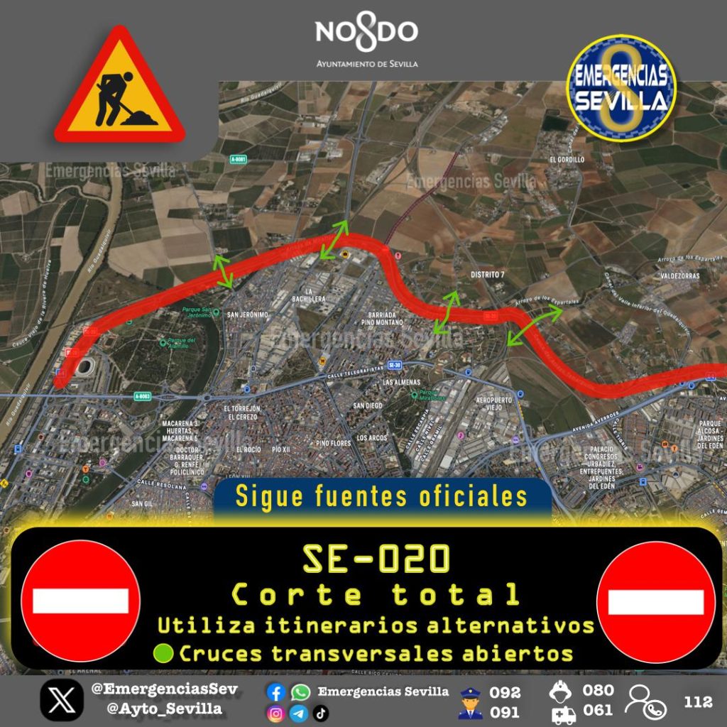 La SE-20 cerrada al tráfico por la crecida del Arroyo Miraflores