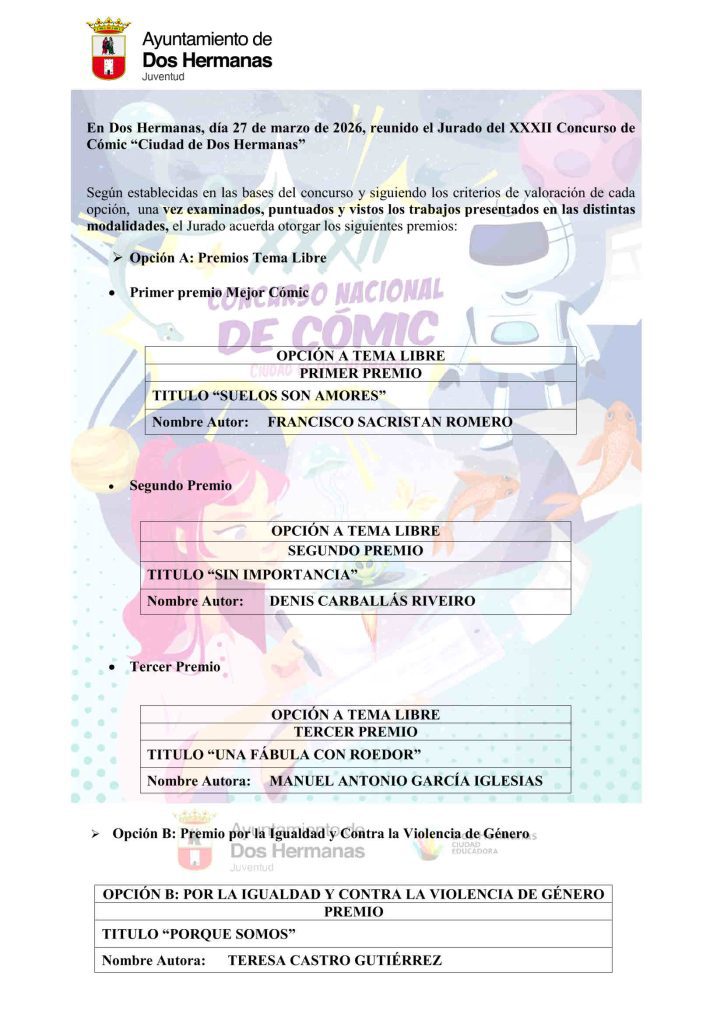 Dos Hermanas anuncia los ganadores de la XXXII edición de su Concurso Nacional de Cómic