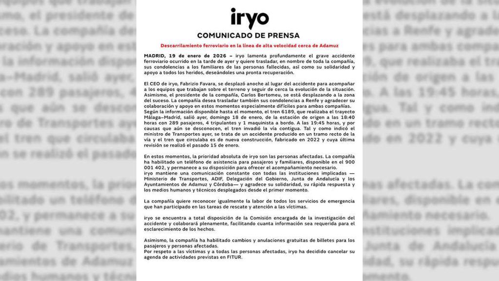 Iryo lamenta el accidente de Adamuz y activa un teléfono de asistencia