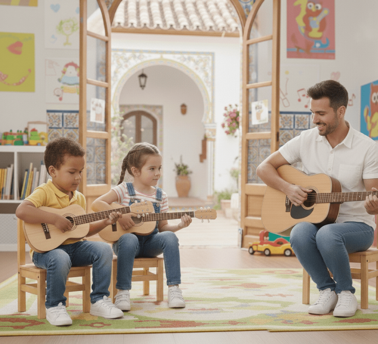 Profesor de guitarra da clases a dos ni&ntilde;os.