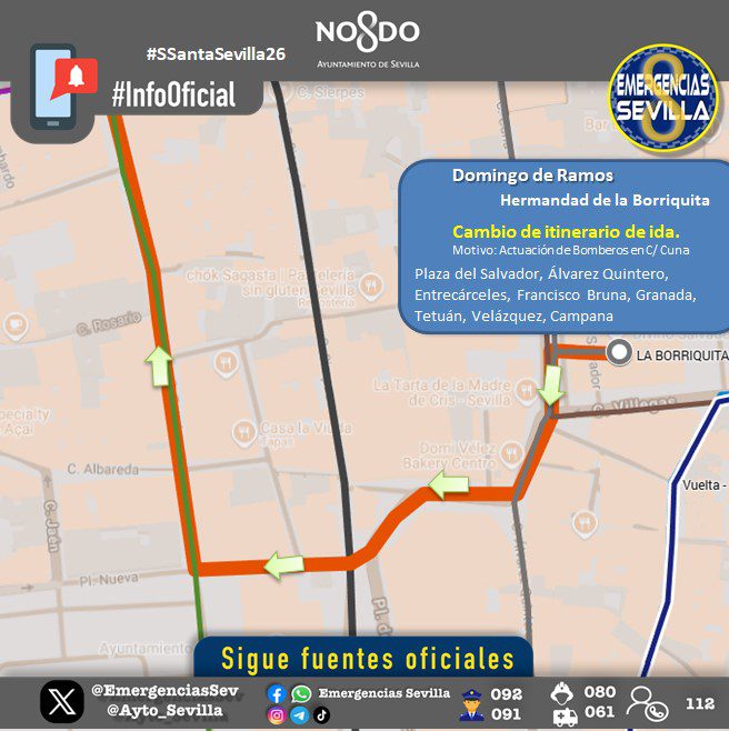 La Hermandad de la Borriquita ha modificado su recorrido de ida debido a un incendio declarado a las 13:50 horas en la cocina de un bar de la calle Cuna