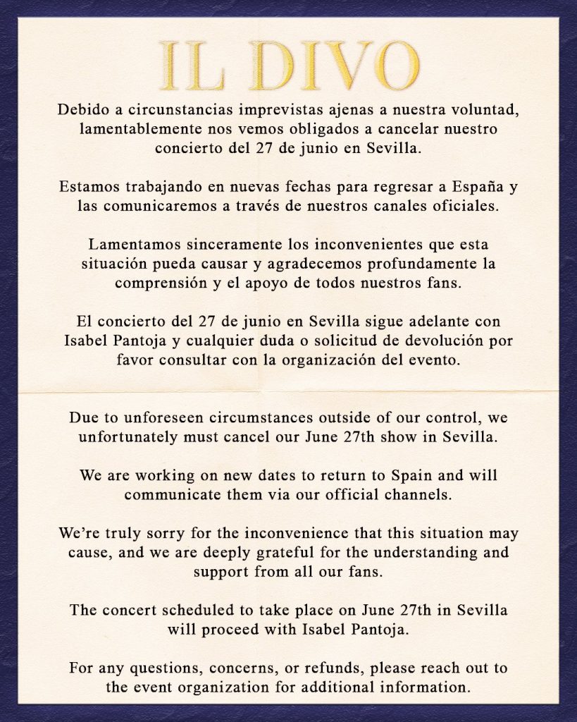 Icónica Sevilla Fest, "sorprendido" por la "decisión unilateral" de Il Divo de no actuar