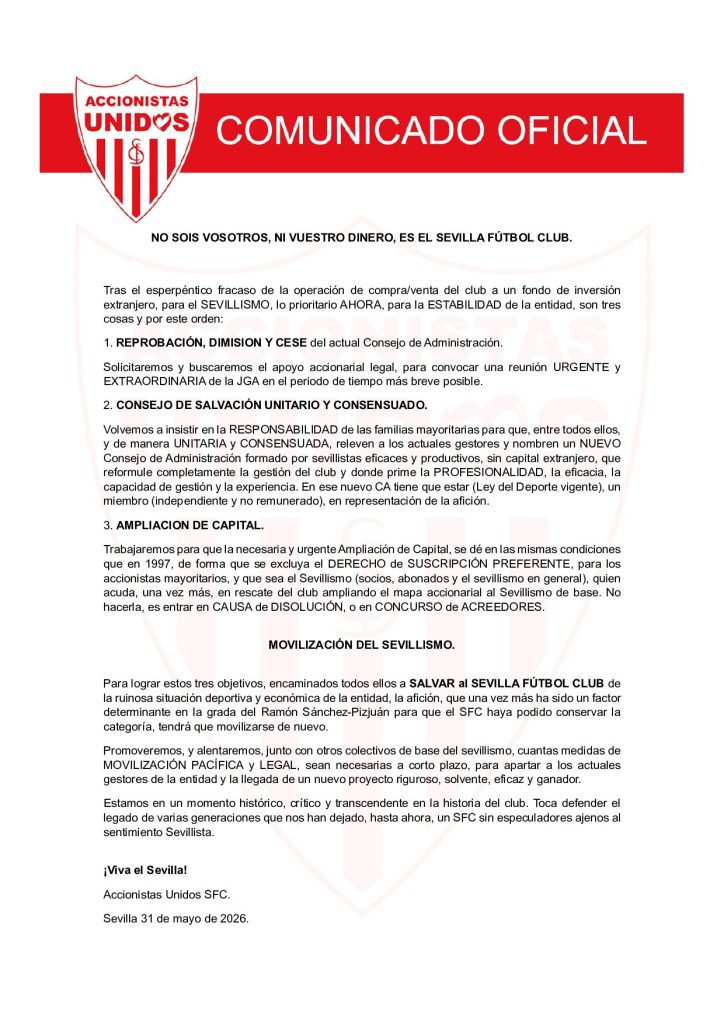 Accionistas Unidos exige la dimisión del Consejo del Sevilla FC y una ampliación de capital para evitar la disolución